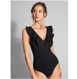 Empreinte Maillot Une Pièce Décolleté V Noir Avec Volants Wave -La Boite à Maillots WAVE BODY FACE