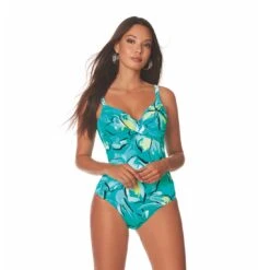 Maillot De Bain Armatures Une Pièce Fleuri Fond Vert Laura