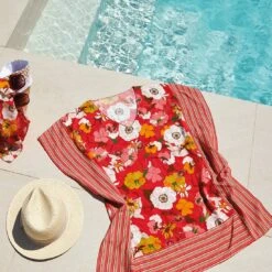 Poncho De Plage Fleuri Rouge Lilia